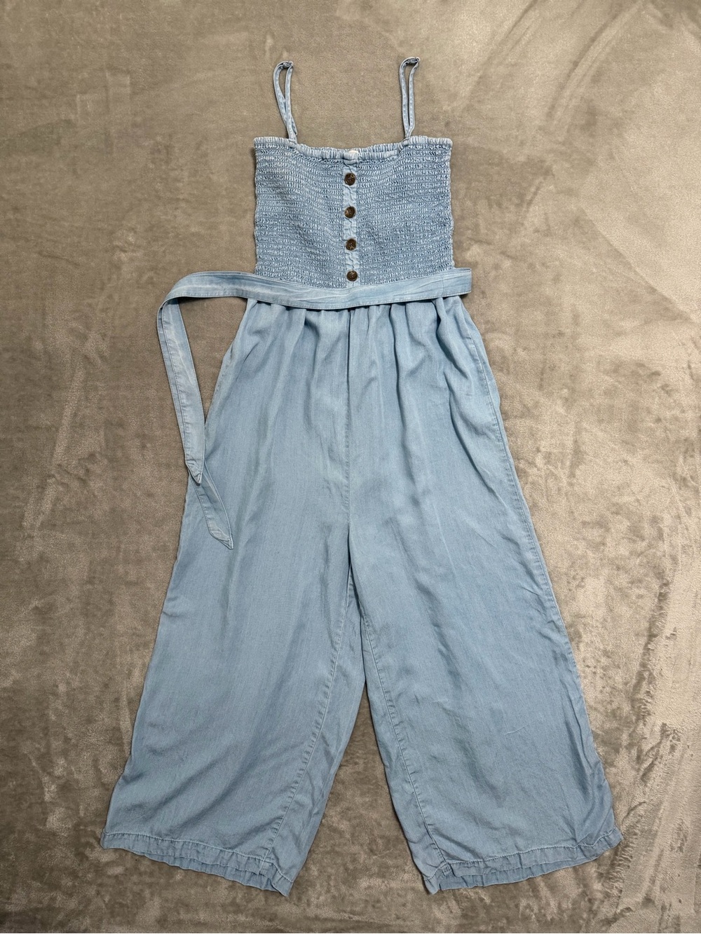Love Tree Light Blue Smocked Wide-Leg Chambray Overalls Jumpsuit Size Medium